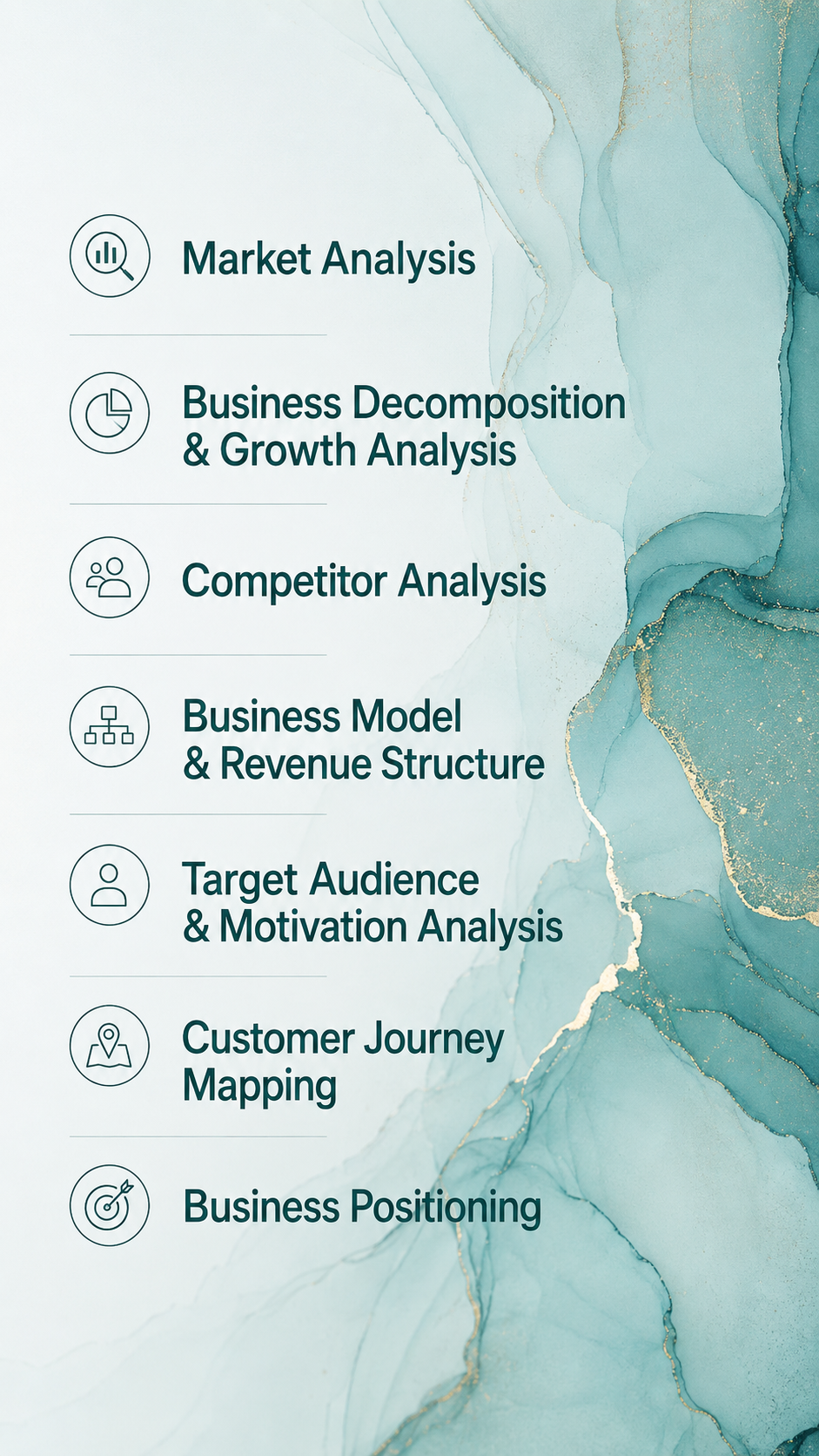 Business strategy services including market analysis, growth analysis, competitor research, customer journey mapping and business positioning