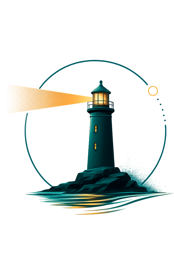Stylised lighthouse representing clarity, business direction and strategic guidance by Wayfinders Lab.