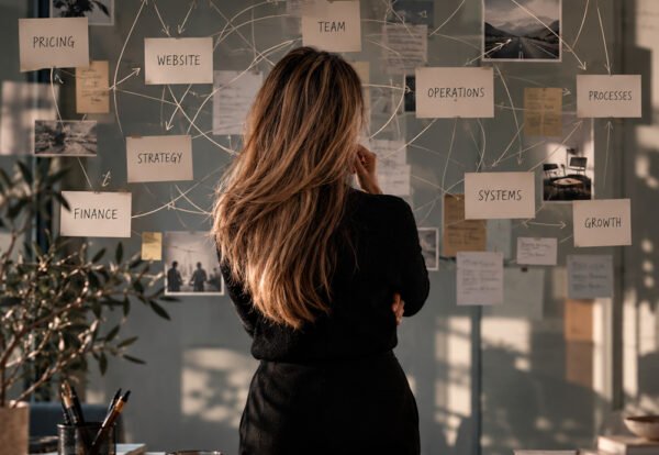 Business owner mapping connected business systems, including marketing, sales, operations, team, finance and decision making.
