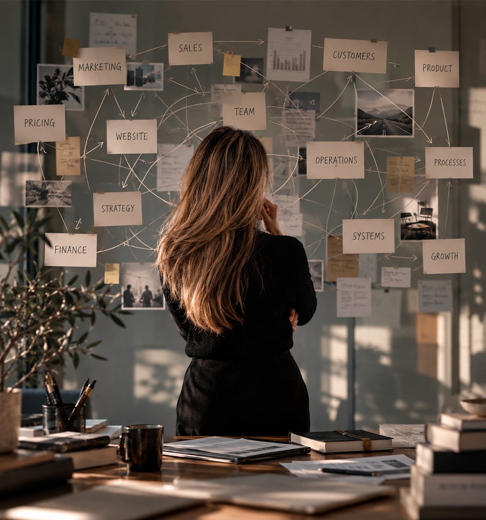 Business owner mapping connected business systems, including marketing, sales, operations, team, finance and decision making.
