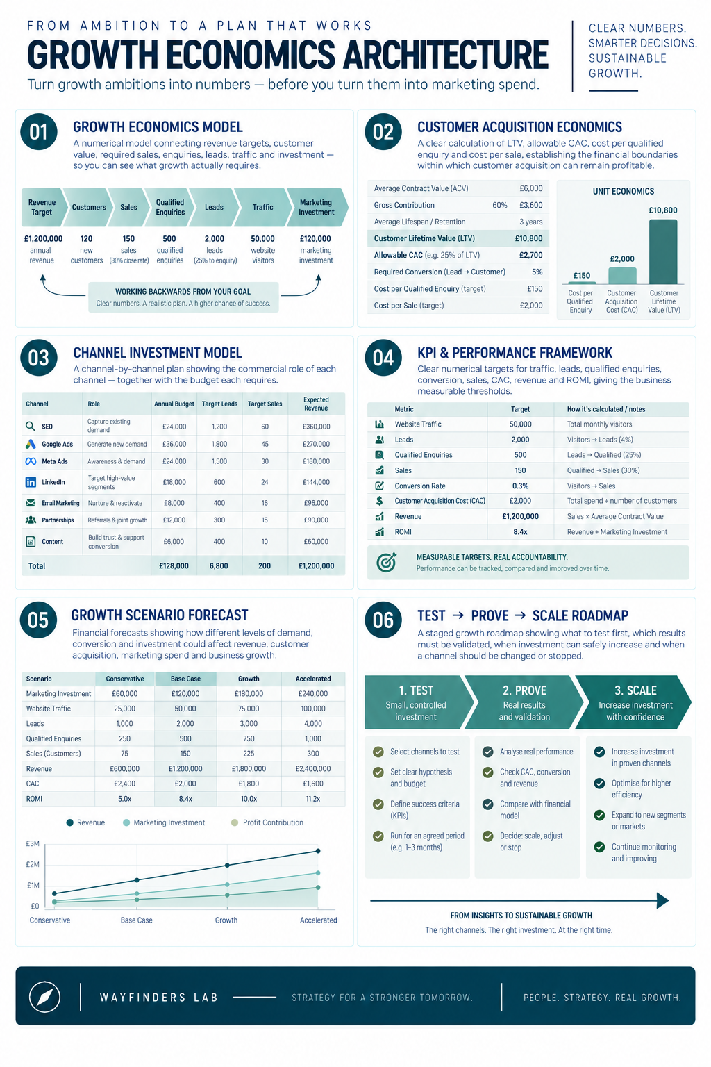 Growth economics architecture showing customer acquisition economics, channel budgets, KPIs, financial forecasts and Test Prove Scale roadmap