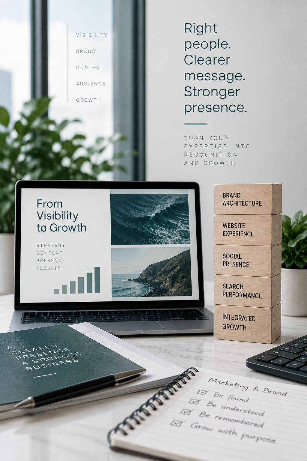 Marketing & Brand Presence showing brand architecture, website experience, social presence, search performance and integrated digital growth