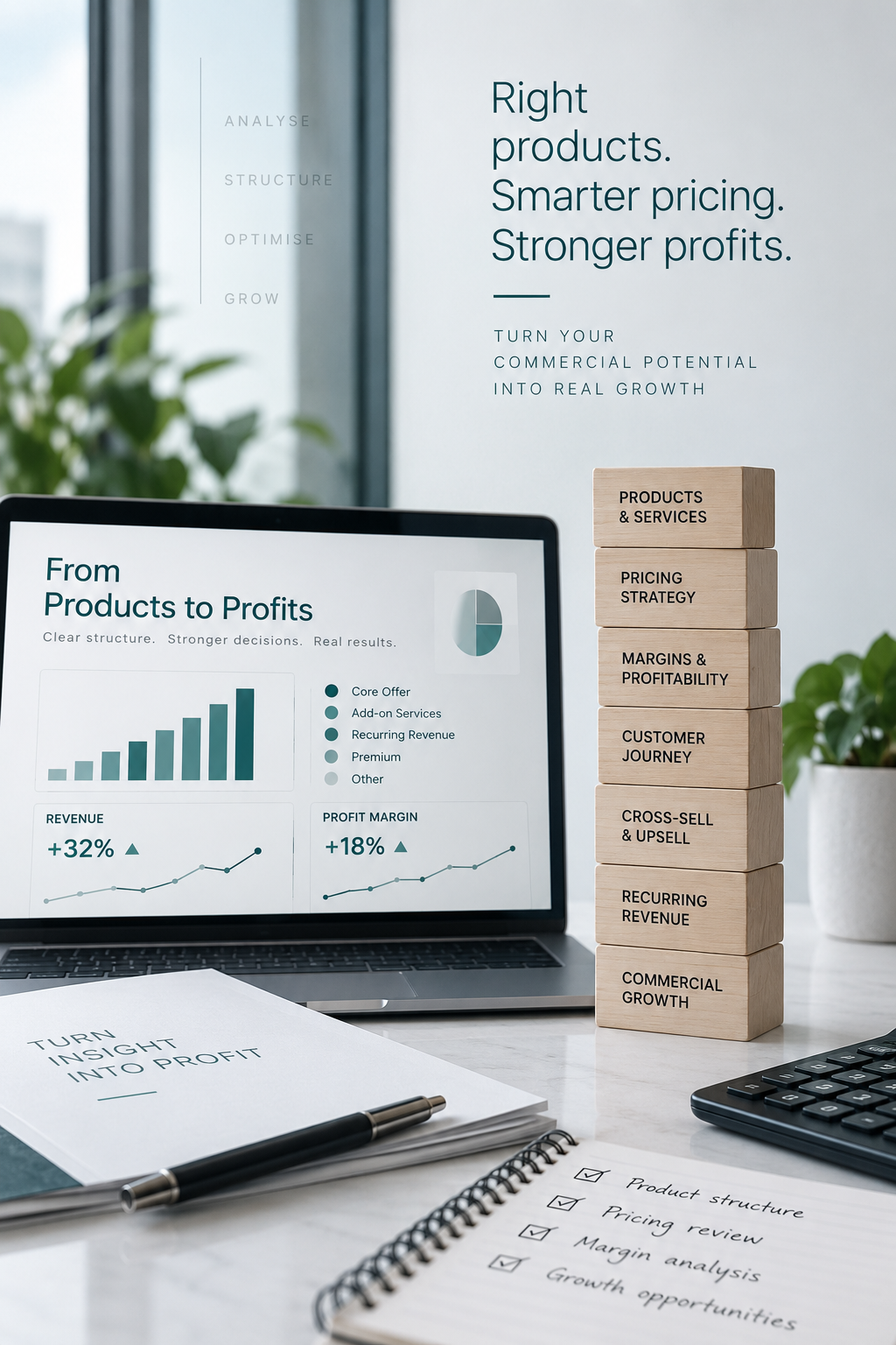 Pricing and commercial structure showing products and services, pricing strategy, profit margins, customer journey, cross-sell, recurring revenue and commercial growth